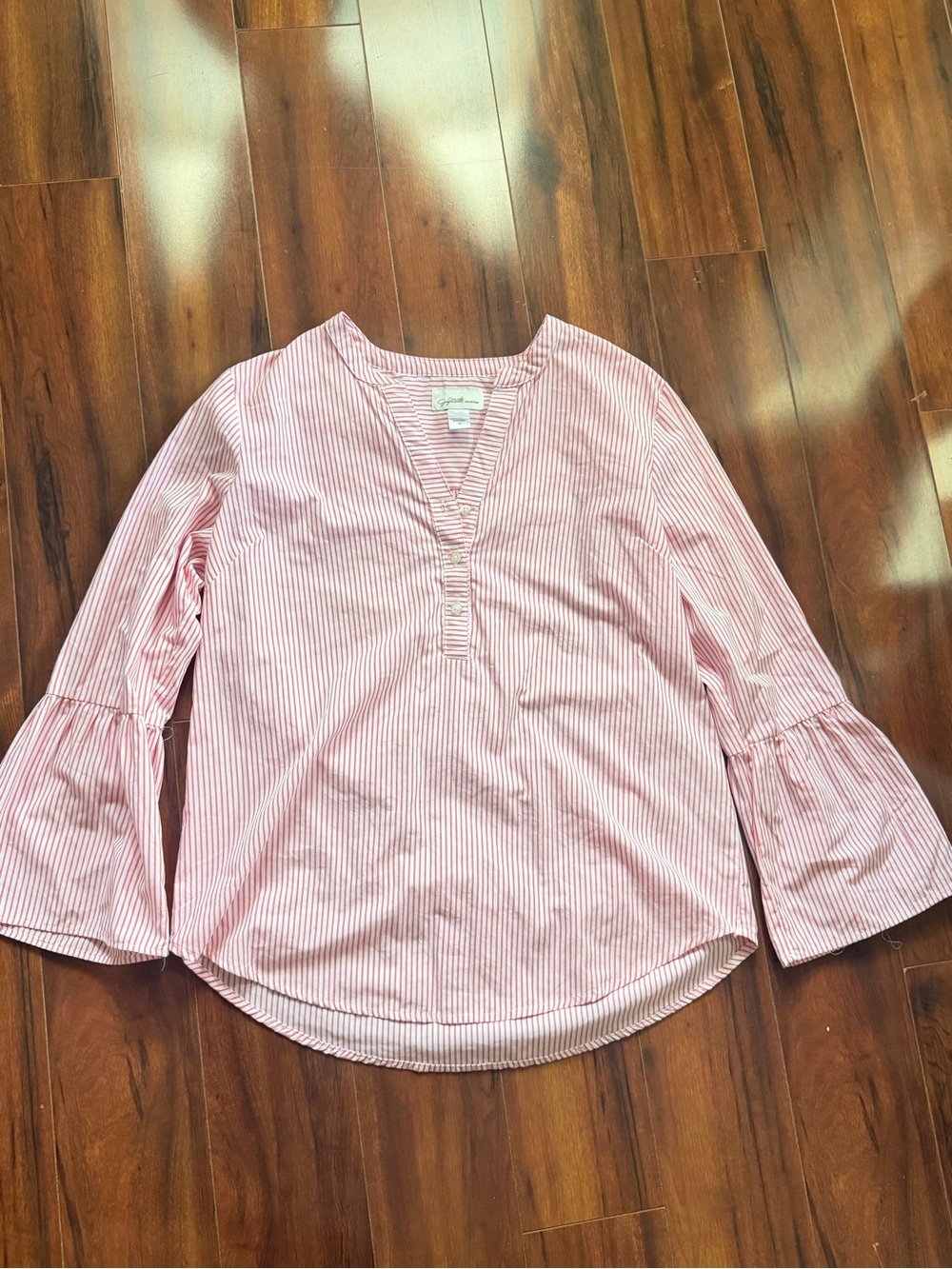 Jaclyn Smith Pink and White Striped Bell-Sleeve Blouse